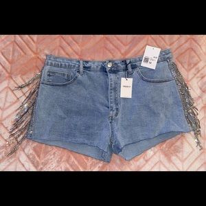 Rhinestone Fringe Denim Shorts - Forever 21